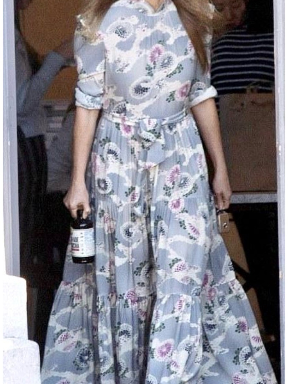 Co. Mum Print Silk Bishop-Sleeve Keyhole Midi Dress View 5